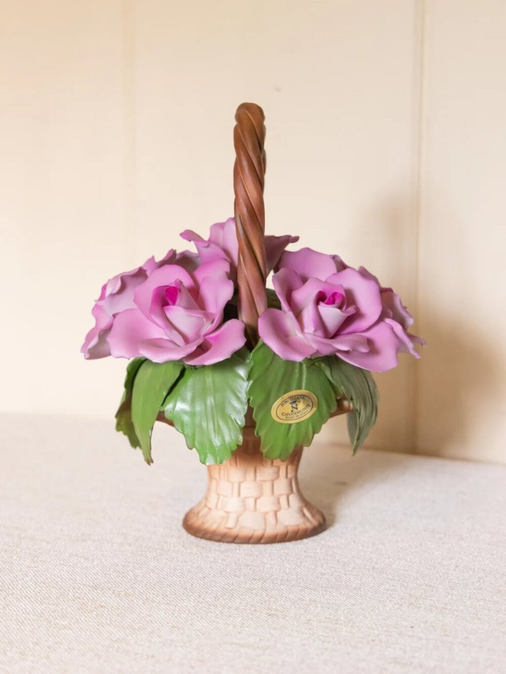 Capodimonte Porcelain Handled Basket with Purple Pink Flowers Made in Italy